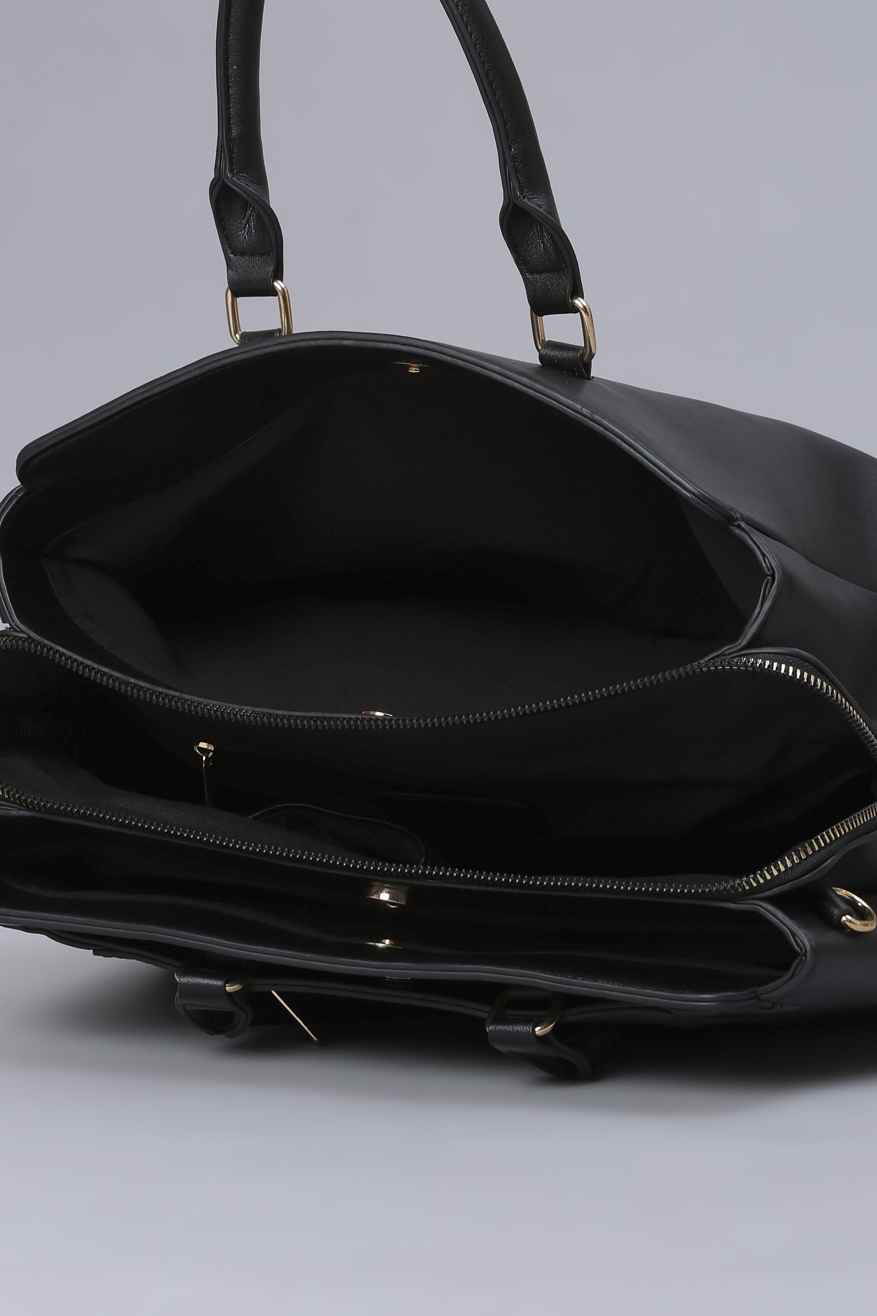 Black PU Solid Structured Handheld Bag image number 5