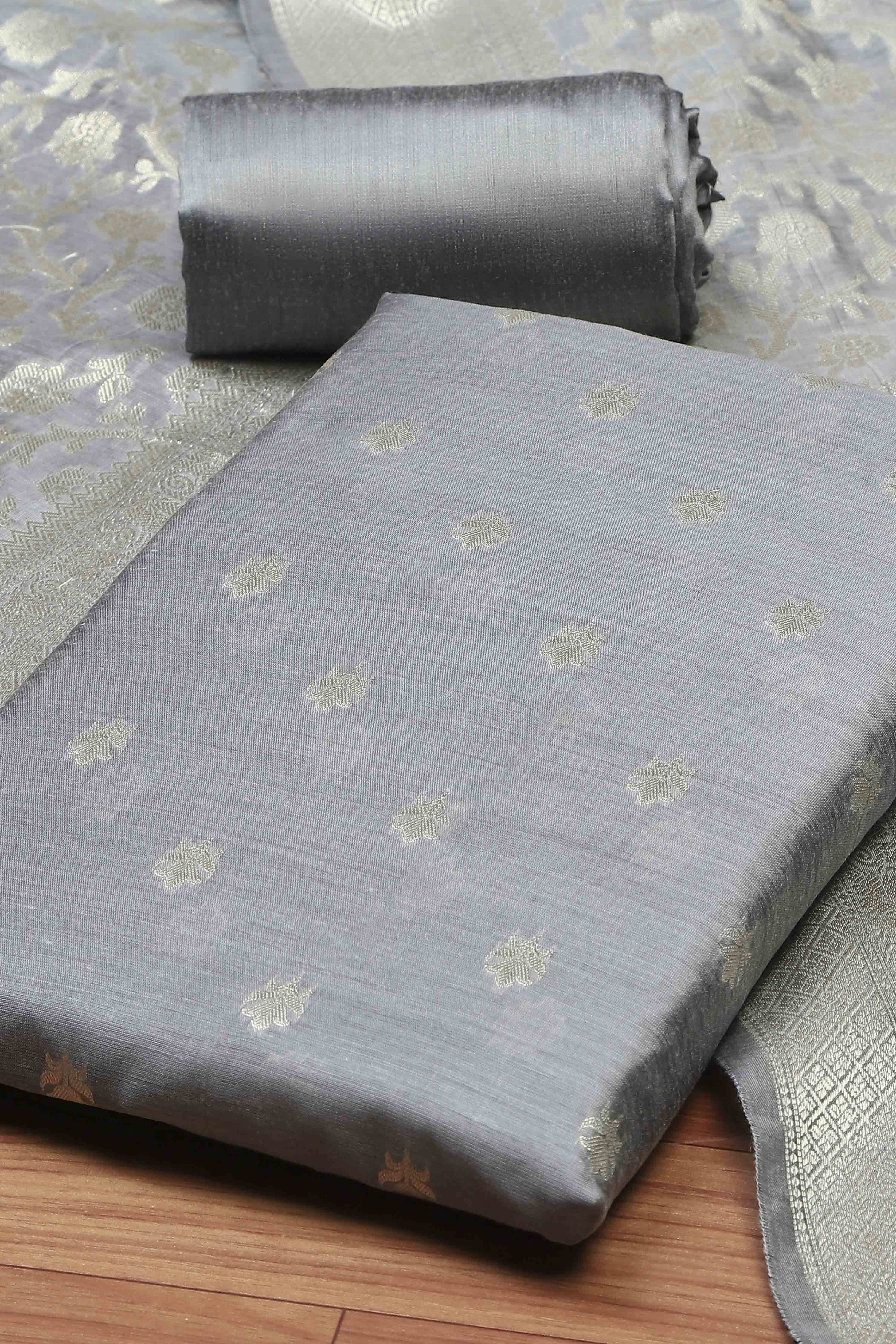 Green Black Poly Cotton Banarasi Unstitched Suit Set image number 1