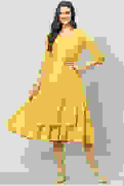 Yellow Art Silk Straight Embroidered Kurta image number 0