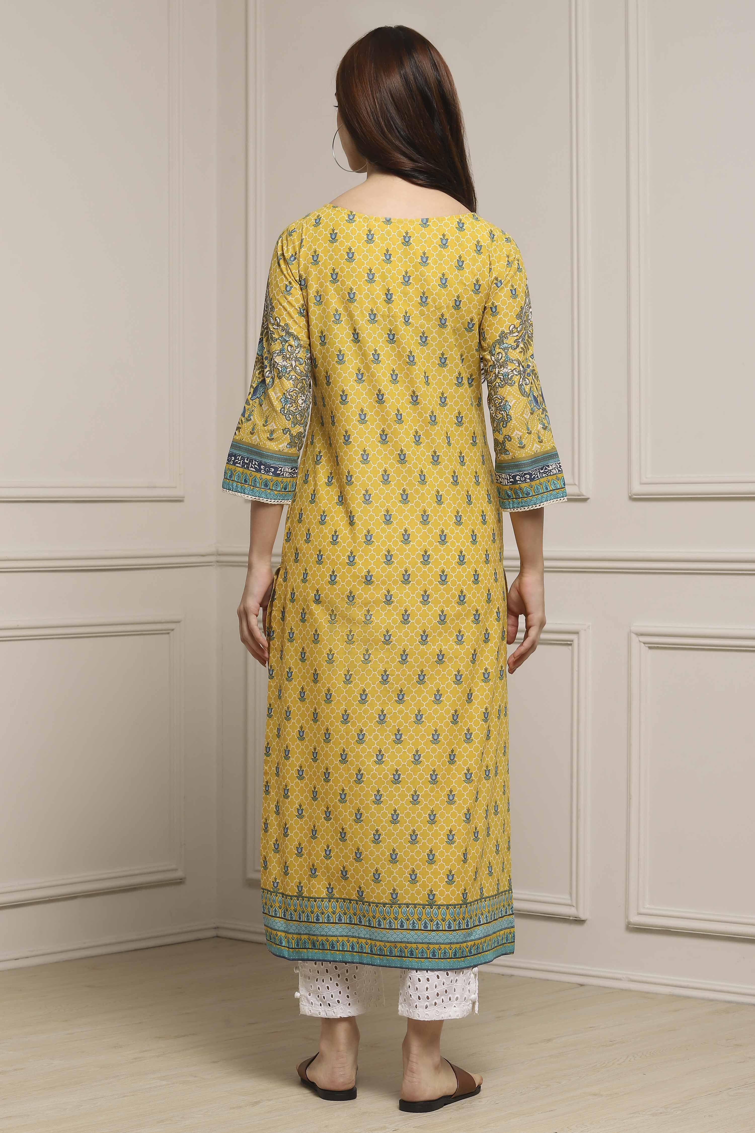 Yellow Cotton Printed Straight Kurta image number 3