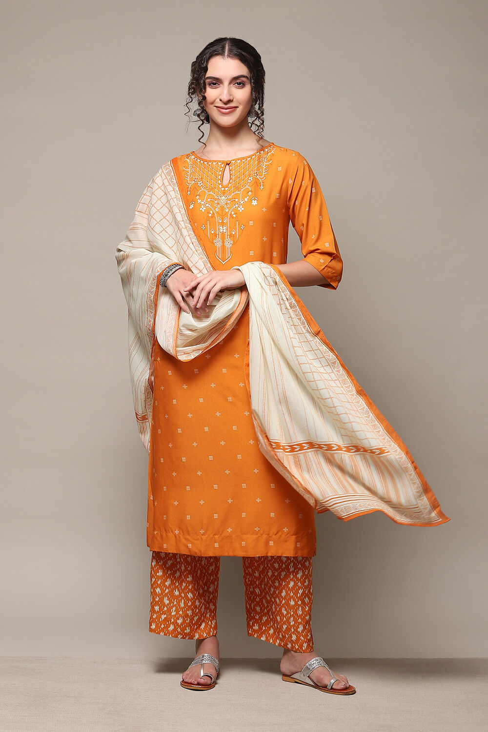 Off White Cotton A-Line Kurta Palazzo Suit Set image number 0