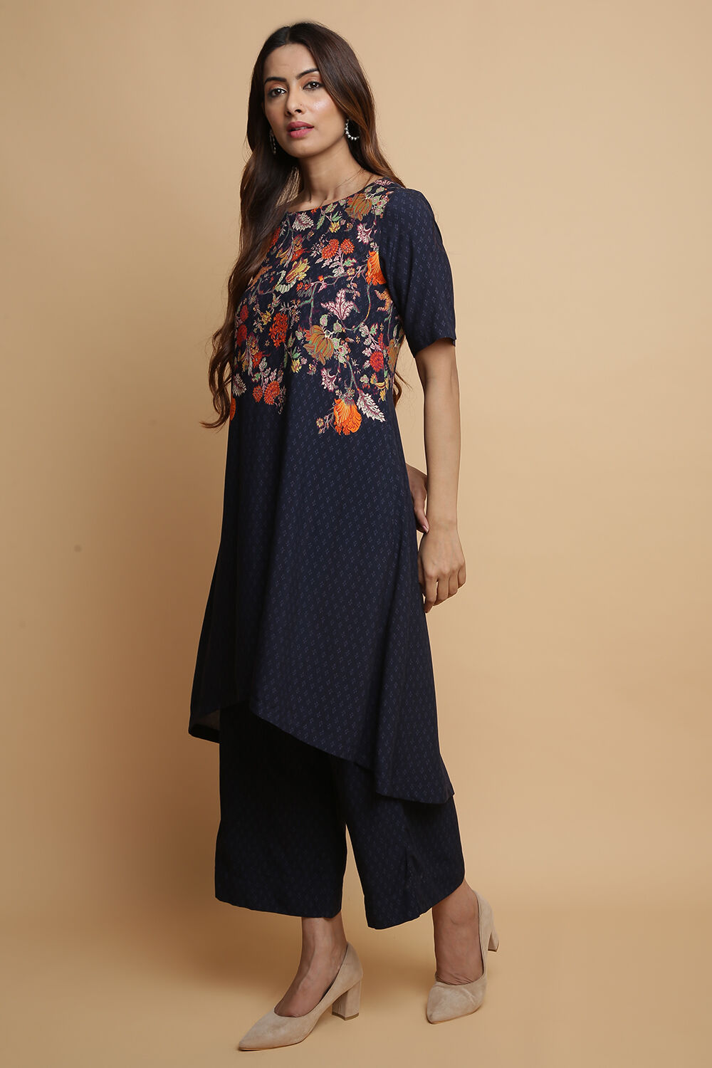 Navy Rayon Asymmetric Kurta Palazzo Suit Set image number 3