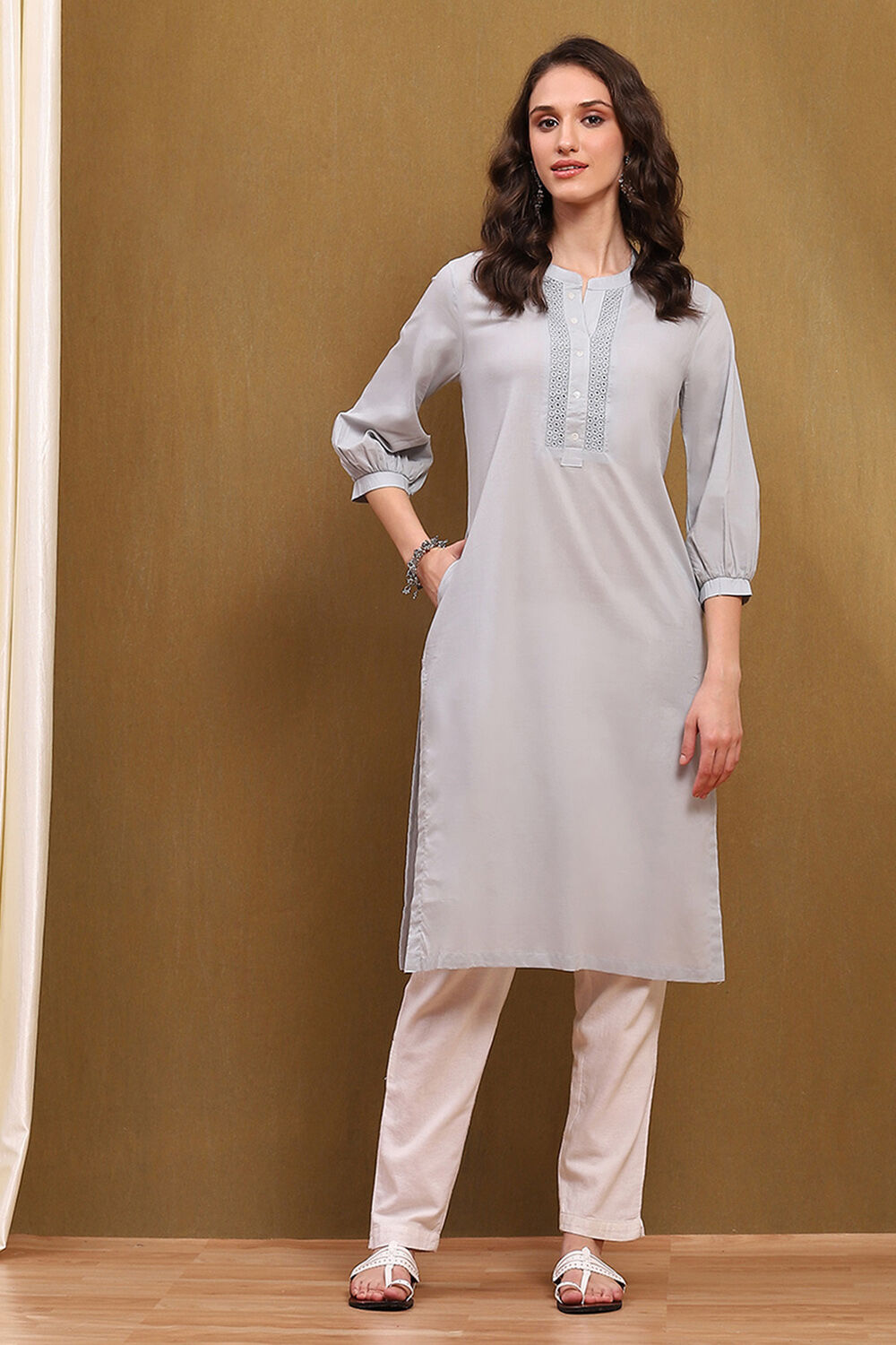 Steel Grey Cotton Solid Regular Fit Straight Kurta image number 5