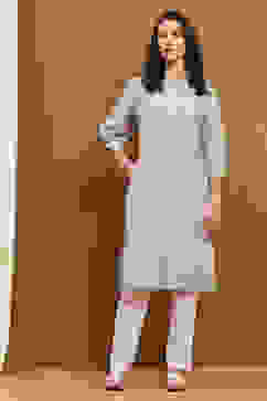 Steel Grey Cotton Solid Regular Fit Straight Kurta image number 5