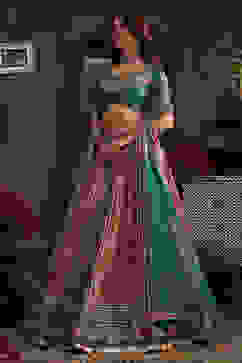 Turquoise Hand Embroidered Flared Lehenga Set image number 3