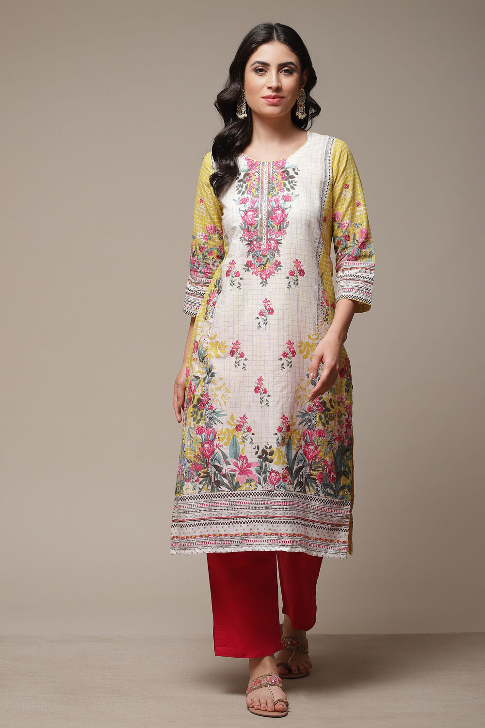 Yellow LIVA Straight Printed Kurta image number 1