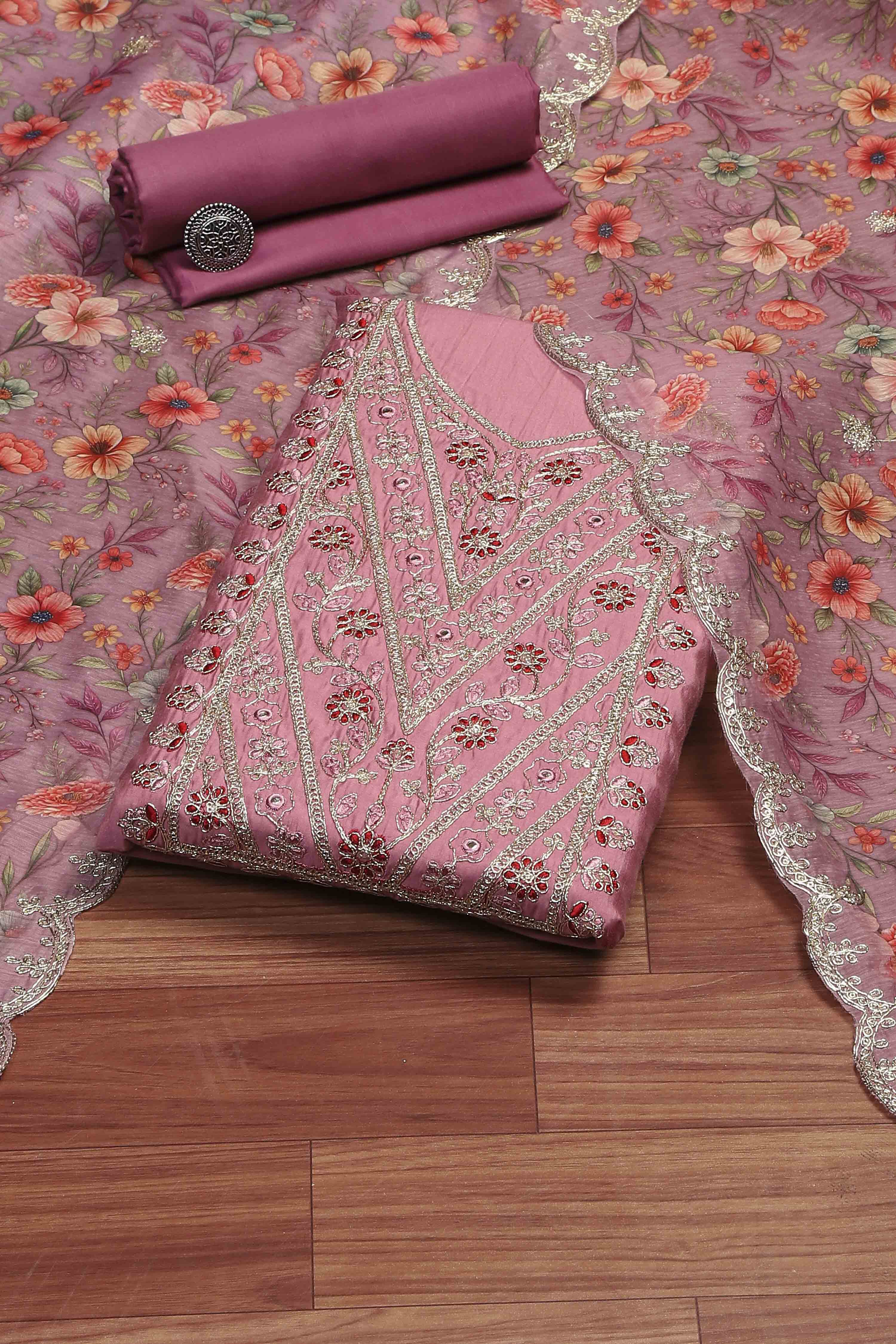 Teal Cotton Printed Embroidered Unstitched Suit Set image number 0