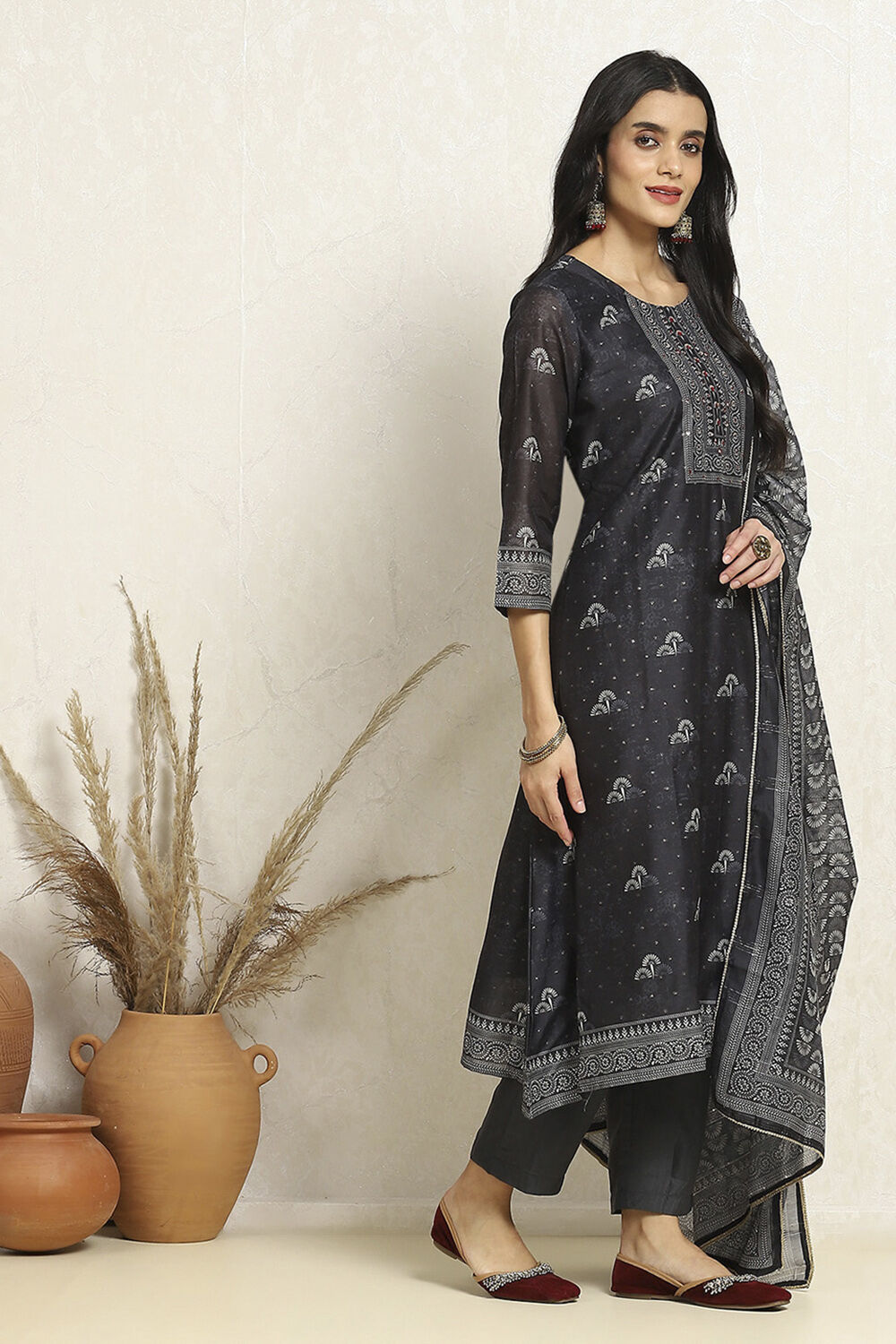 Charcoal Chanderi Floral Printed Unstitched Suit Set image number 6