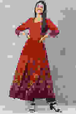 Red Rayon Flared Printed Kurta image number 0