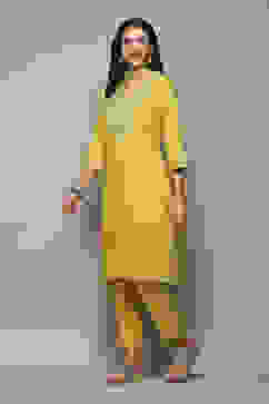 Lime Green Rayon flax Narrow Kurta Pant Suit Set image number 4