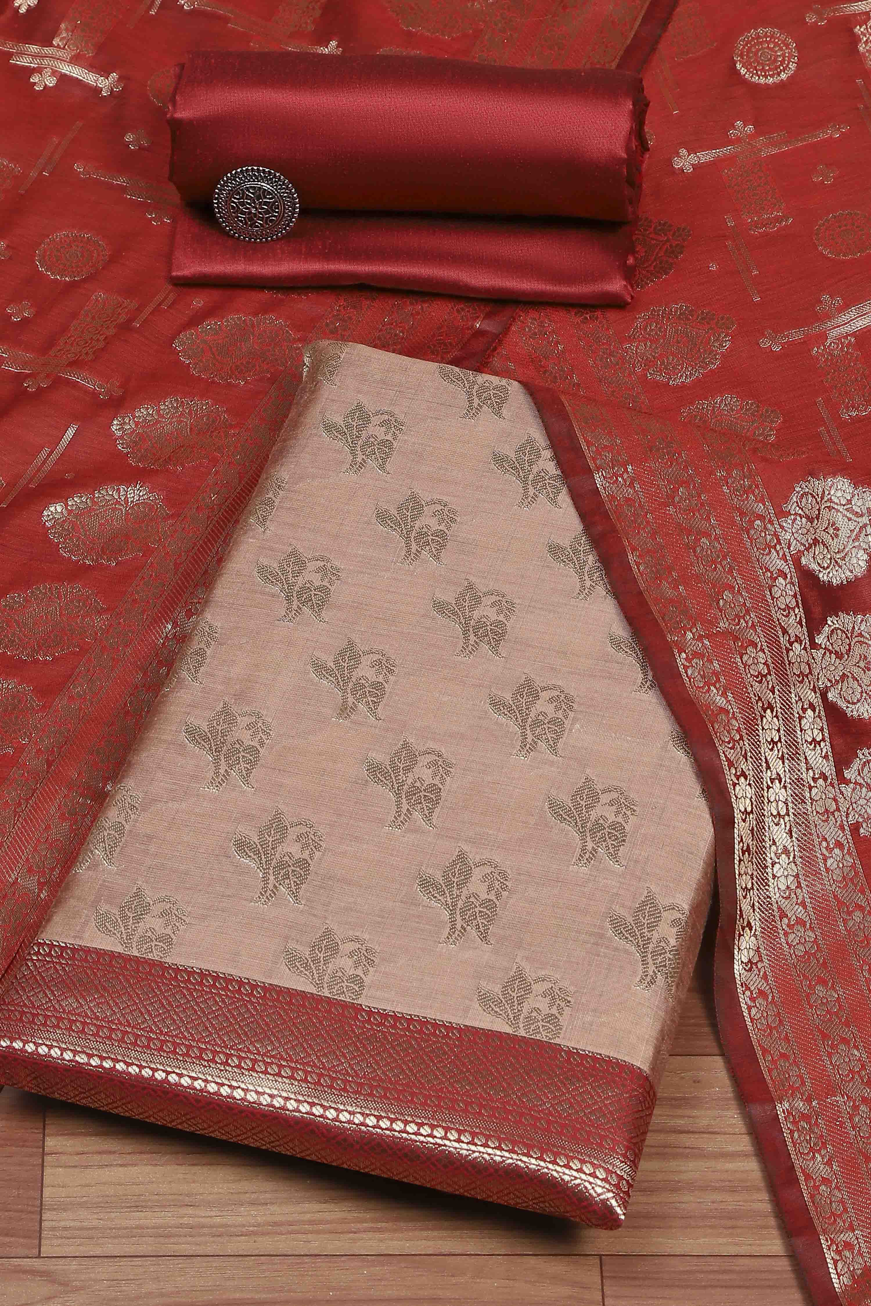 Peach Cotton Printed Embroidered Unstitched Suit Set image number 0