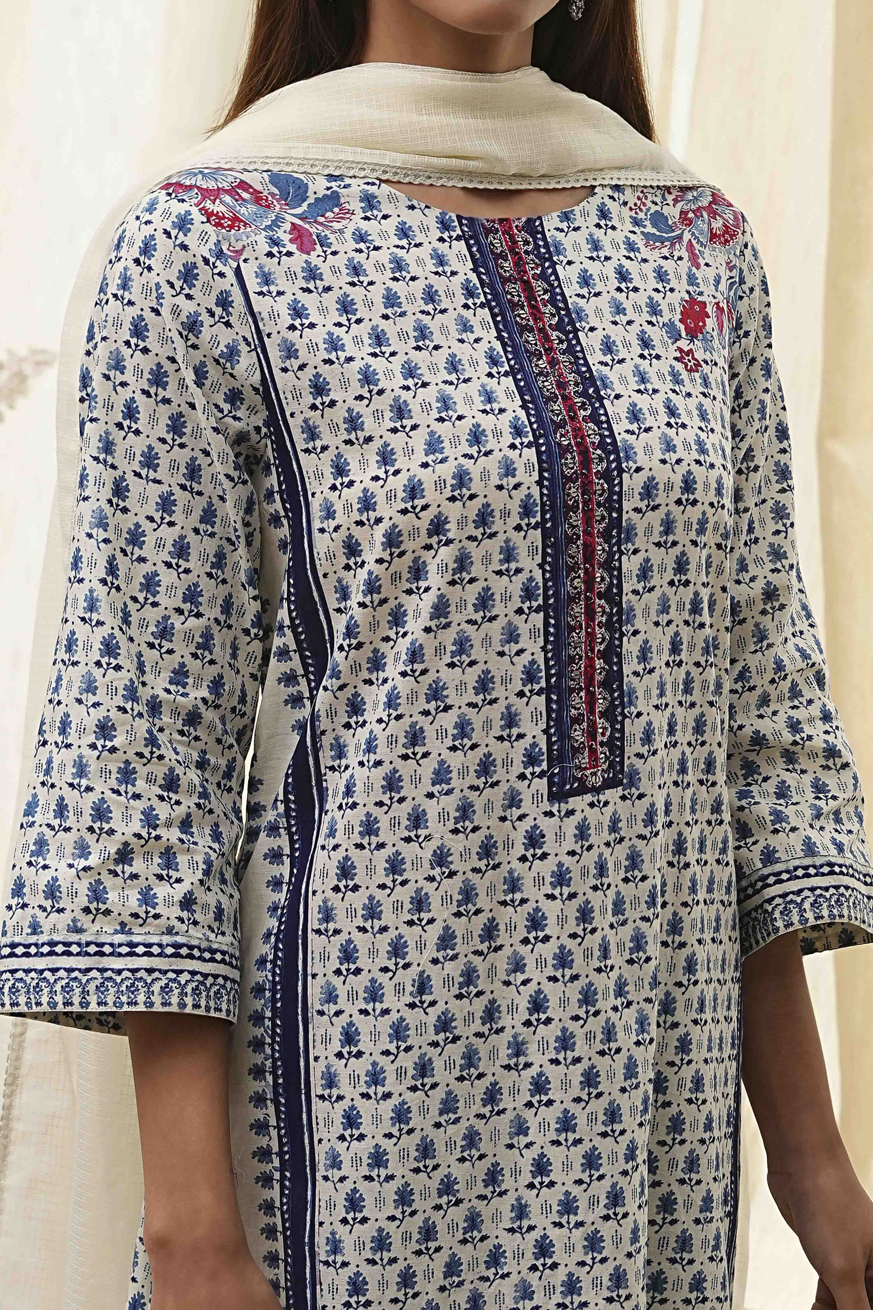 Off-White Cotton Printed Straight Suit Set image number 1