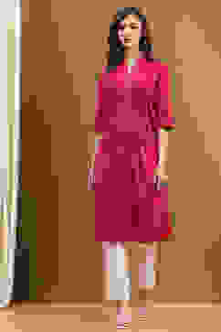 Pink Cotton Solid Pleated A-Line Kurta image number 5