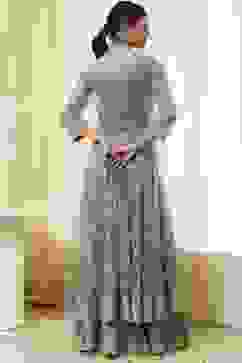 Turquoise Floral Butterfly Net Festive Anarkali Lehenga Set image number 5