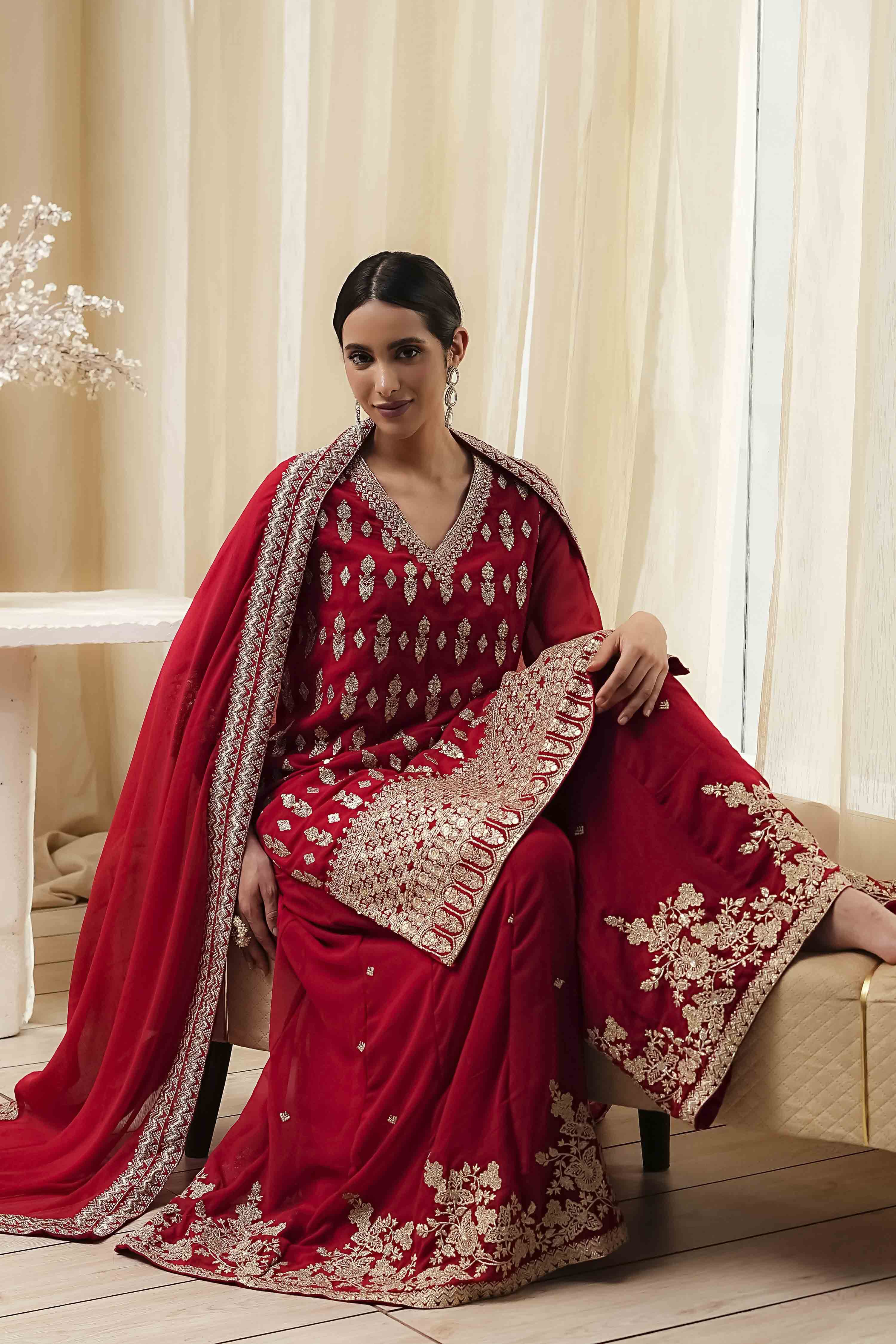 Red Embroidered Straight Suit Set image number 0
