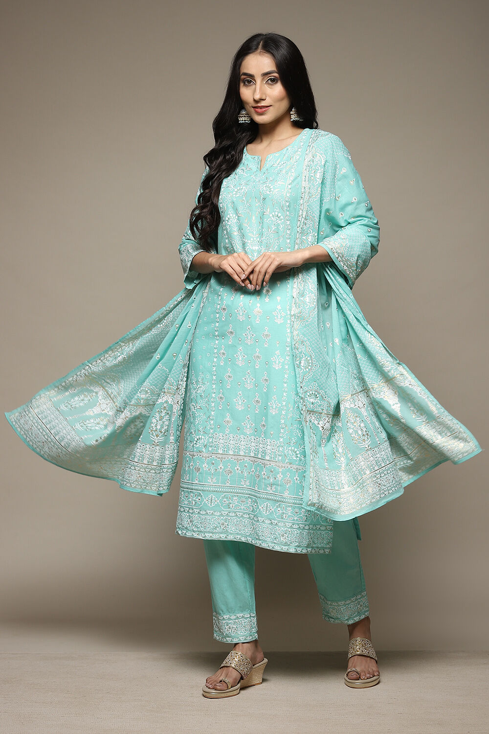 Sea Green Cotton Straight Kurta Pants Suit Set image number 0