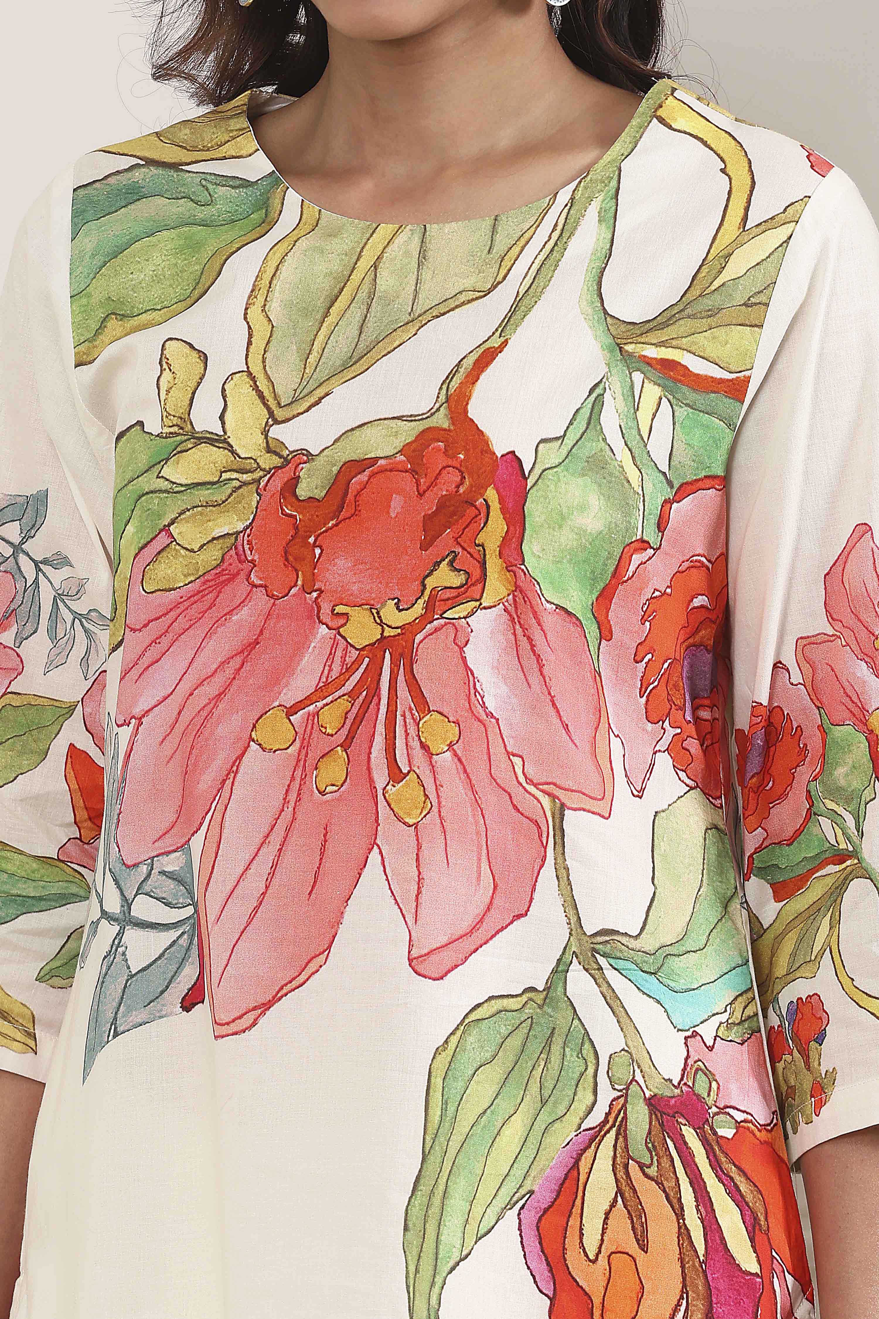 Beige Cotton Floral Printed Straight Kurta Set image number 1