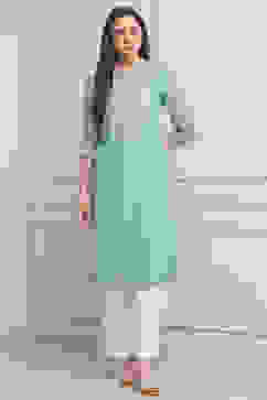 Sea Green Polyester Straight Kurta Pants Set image number 6