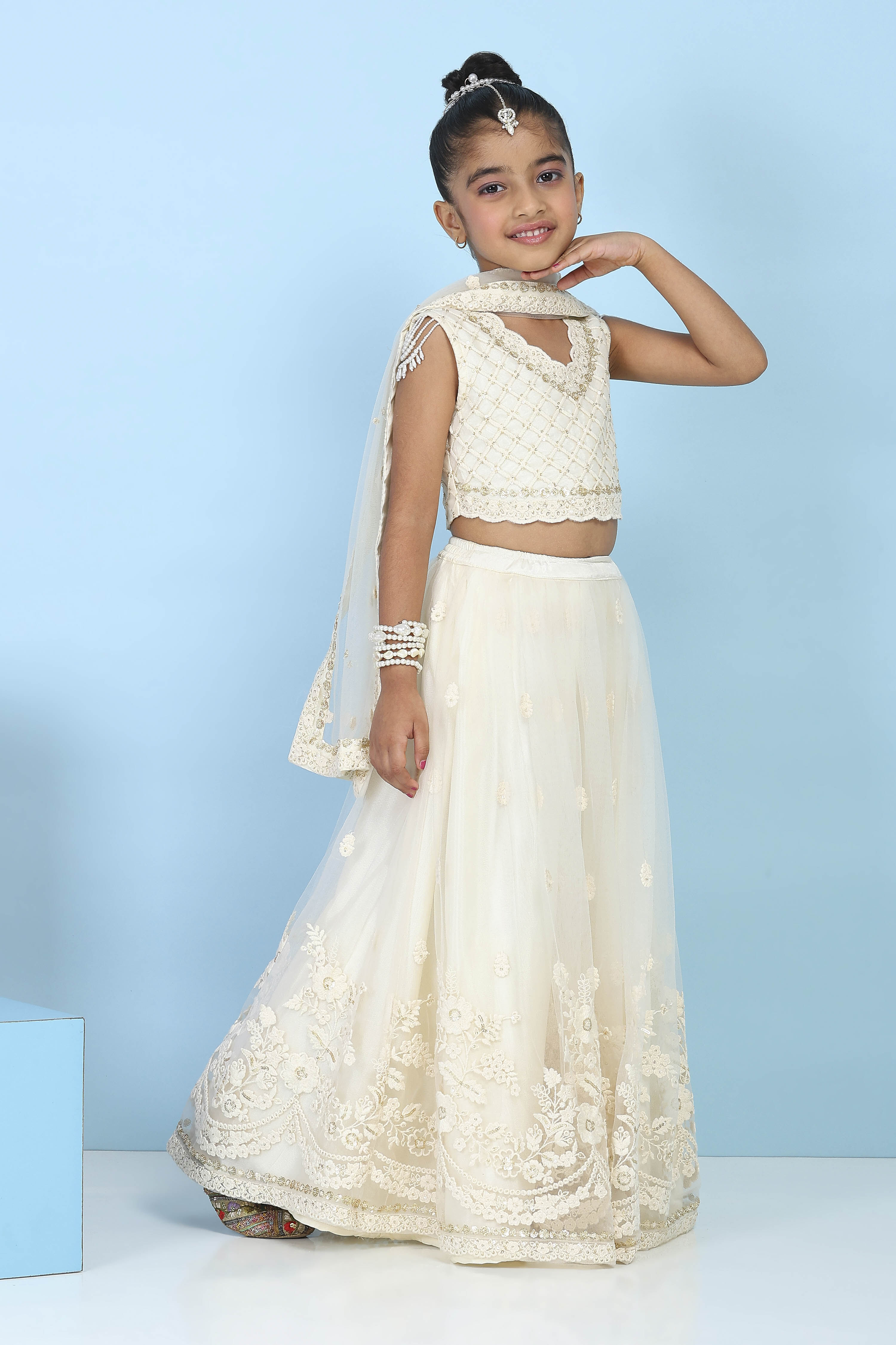 White Butterfly Net Sequin Embroidered Lehenga Set image number 5
