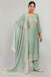Green Cotton Blend Hand Embroidered Unstitched Suit Set image number 0