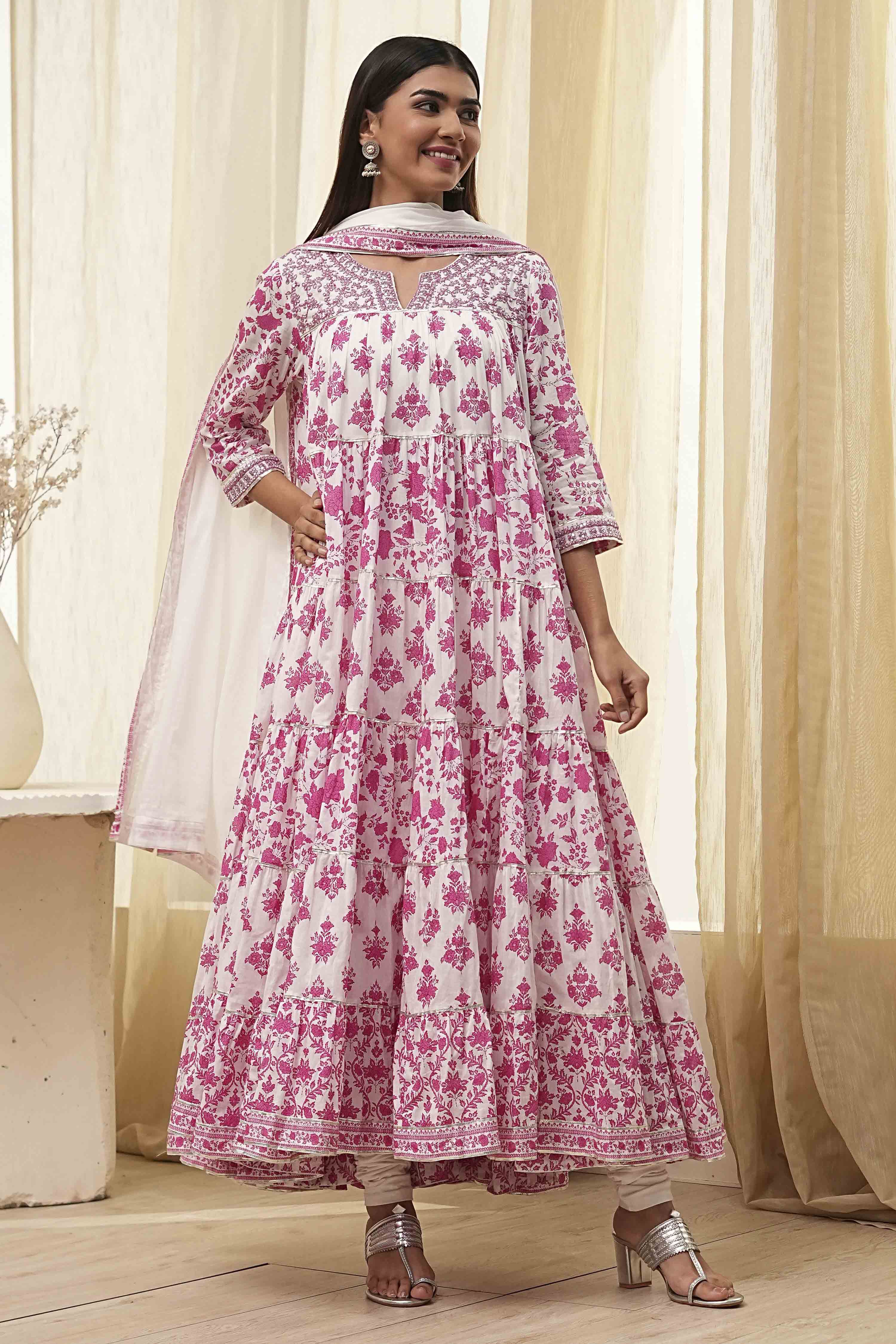 Off-White and Pink Cotton Floral Tiered Suit Set image number 6