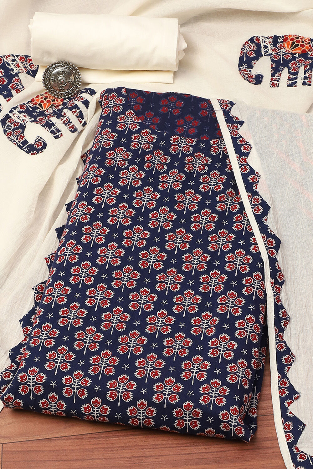 Blue Cotton Hand Block Print Unstitched Suit Set image number 0