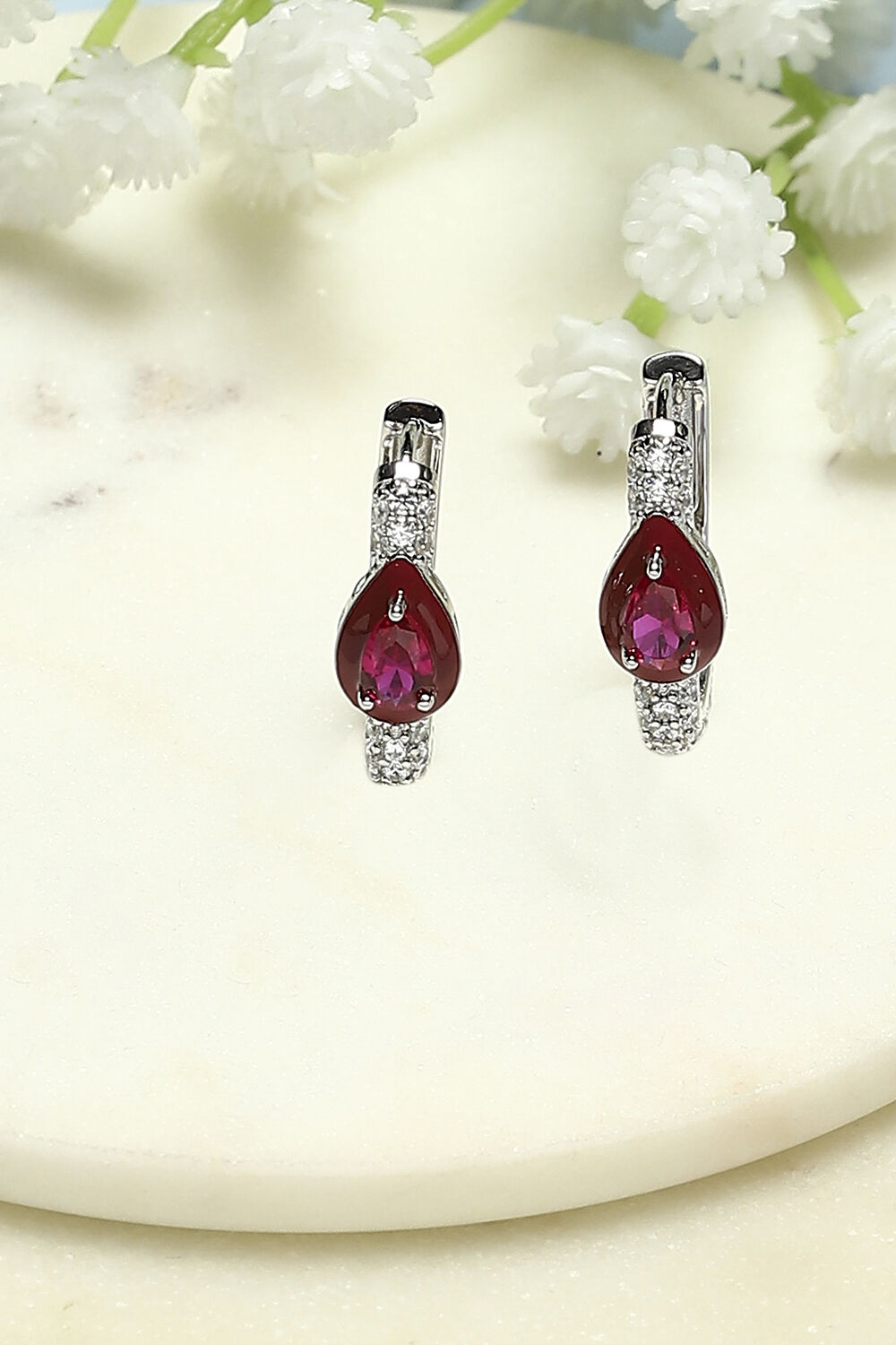 Ruby Silver-Plated CZ Studded Contemporary Hoops image number 0