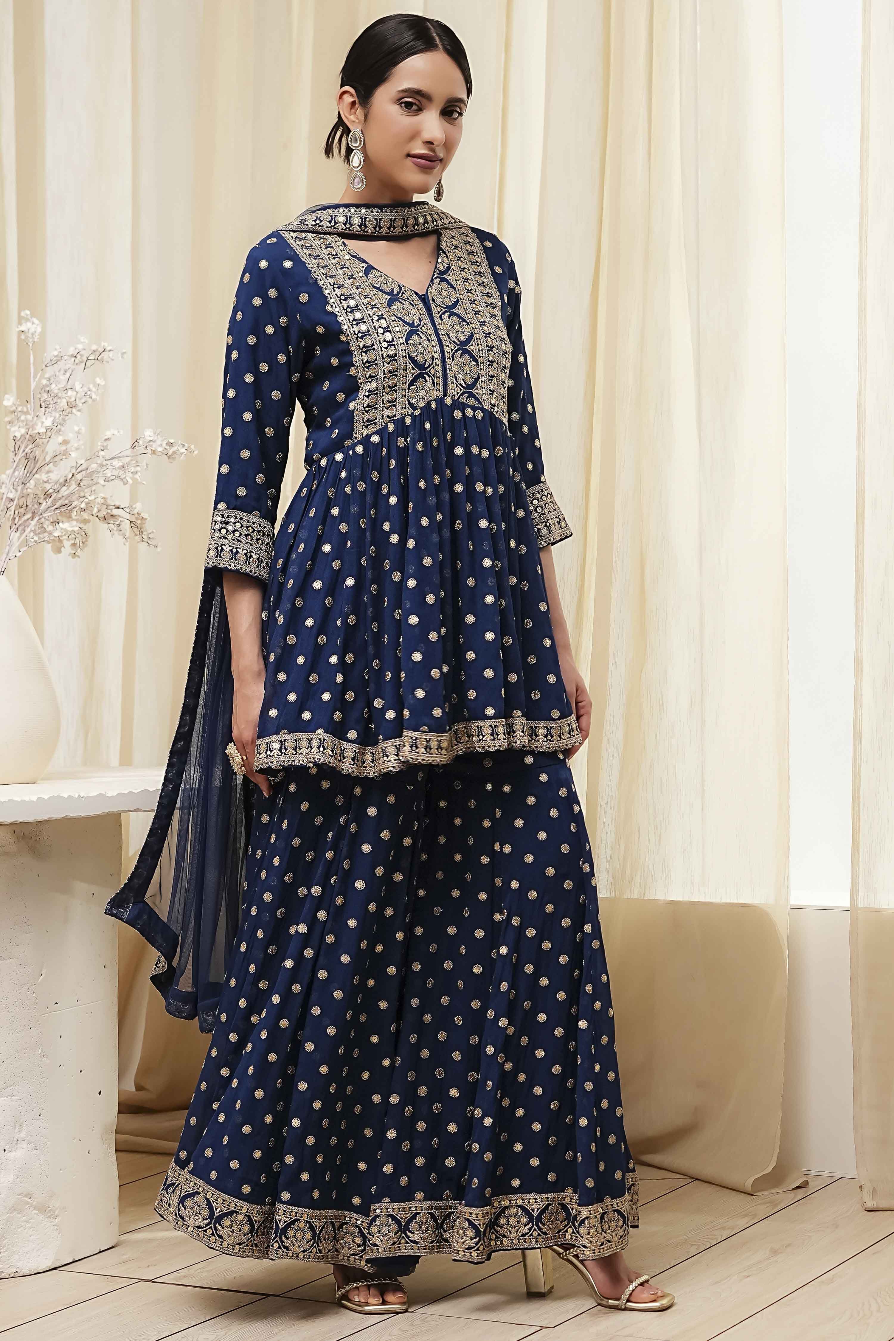 Teal Blue Georgette Embroidered Peplum Suit Set image number 6