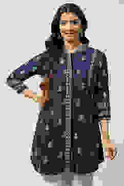 Navy Rayon Asymmetric Printed Short Kurti image number 0