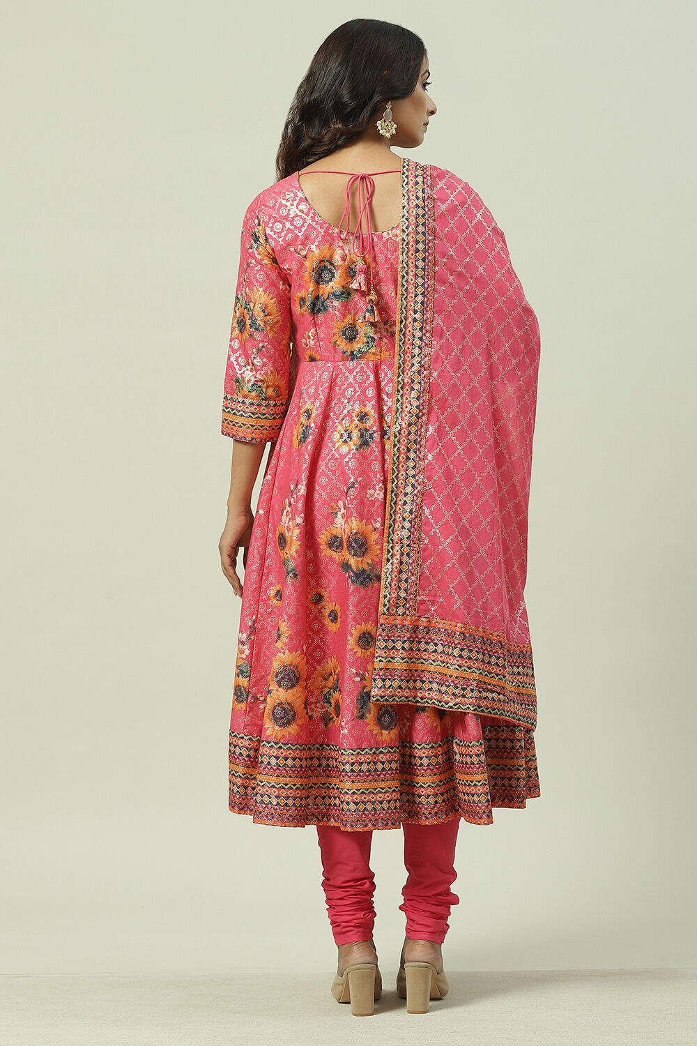 Fuchsia Cotton Anarkali Kurta Churidar Suit Set image number 4