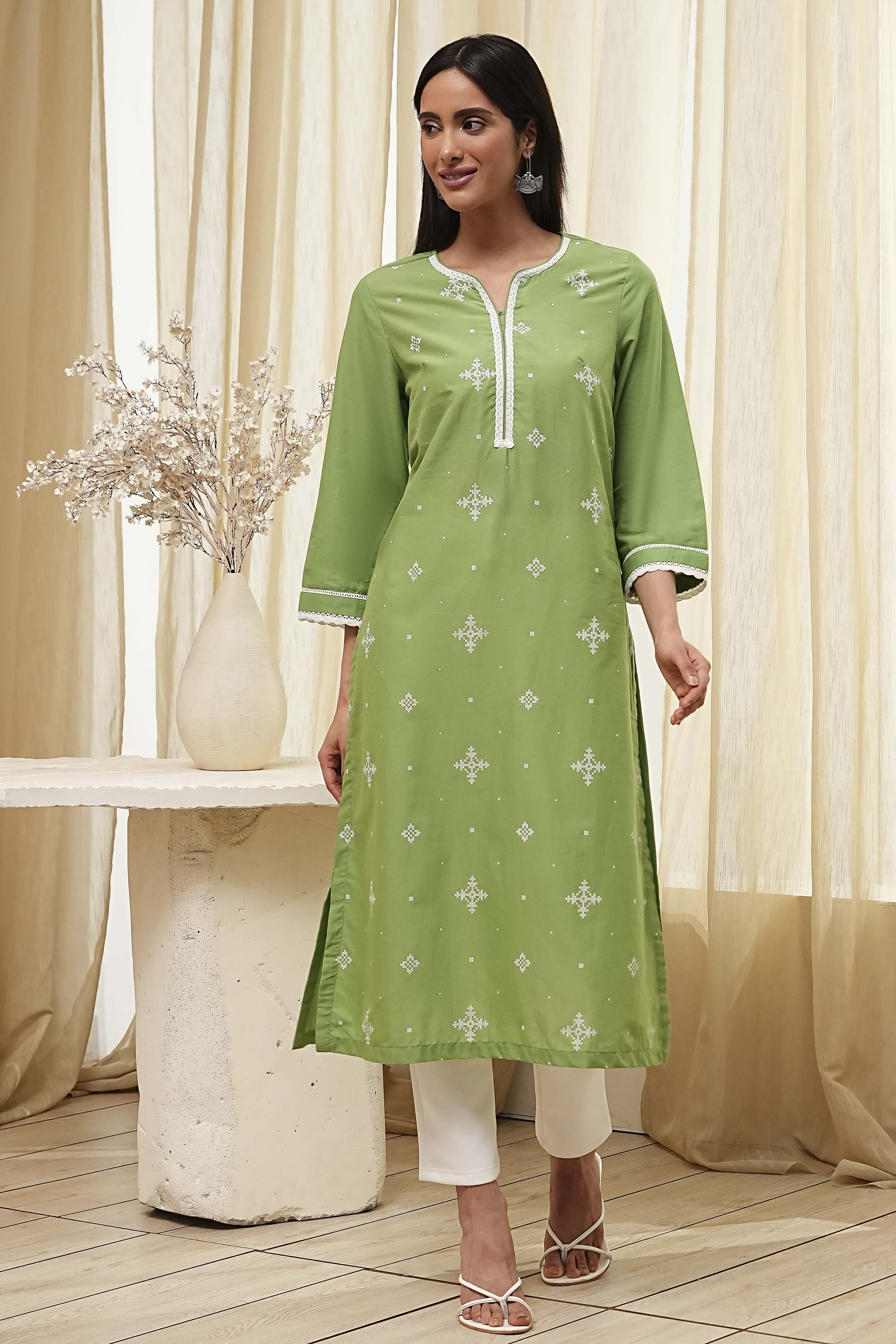 Olive Green Cotton Straight Kurta image number 5