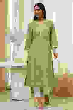 Olive Green Cotton Straight Kurta image number 5