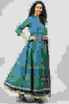 Teal Cotton Anarkali Kurta Skirt Suit Set image number 6