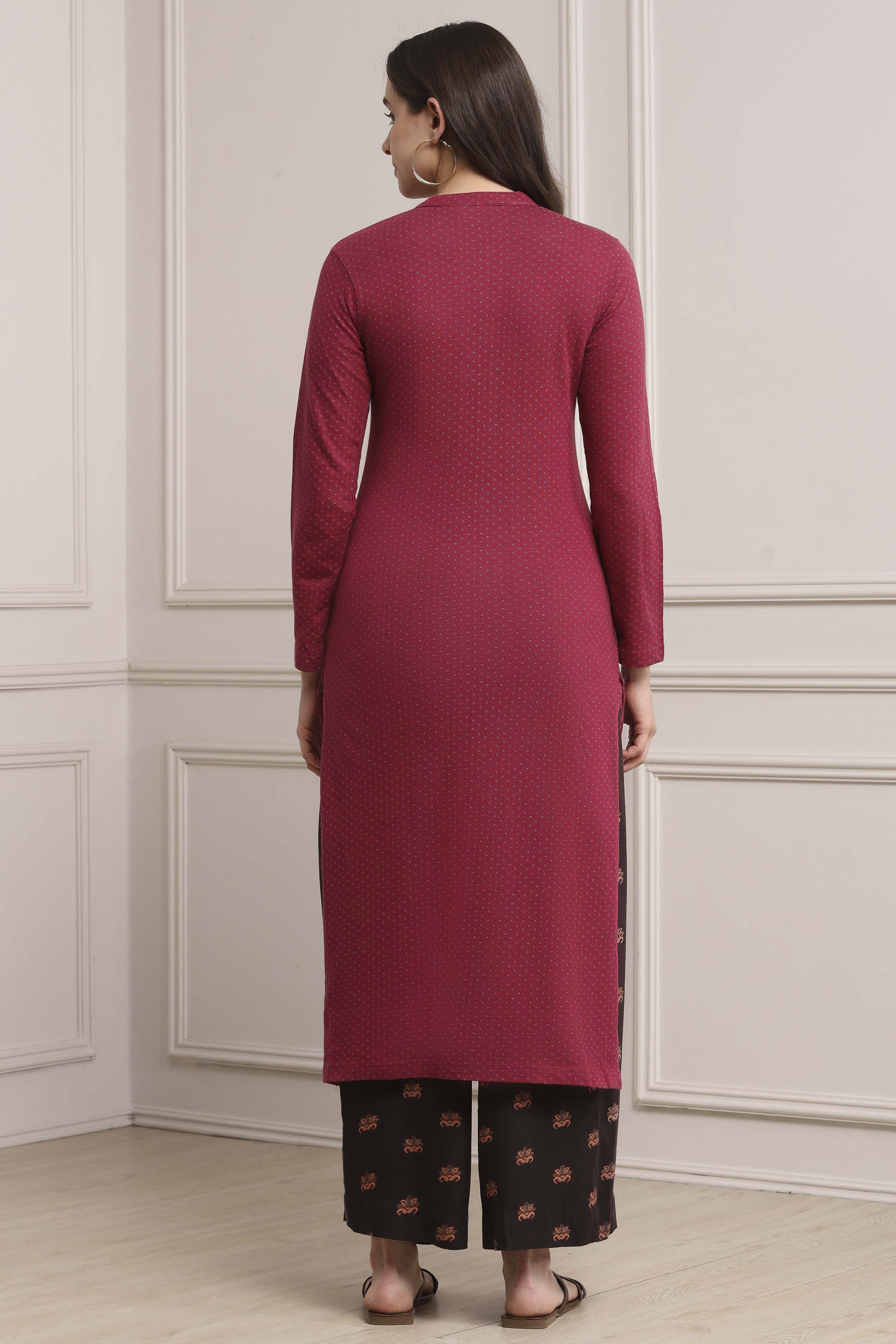 Berry Cotton Straight Kurta Pants Set image number 4