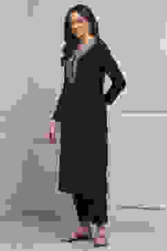 Black Acrylic Solid Straight Winter Kurta image number 2