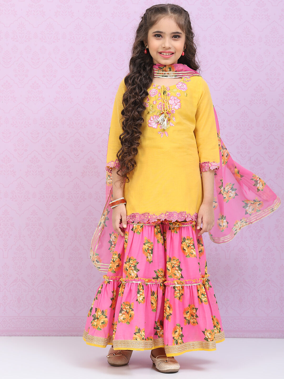 Yellow & Violet Art Silk Straight Kurta Garara Suit Set image number 0