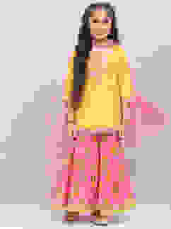 Yellow & Violet Art Silk Straight Kurta Garara Suit Set image number 0