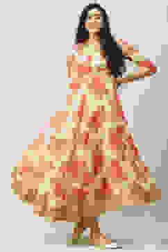 Beige Art Silk Flared Fusion Printed Dress image number 5