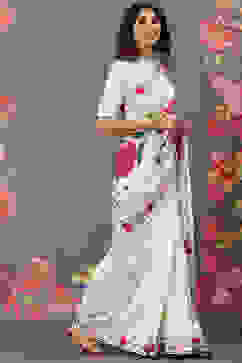 Rohit Bal Off White Chanderi Silk Printed Saree With Blouse image number 3