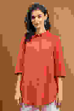 Orange Cotton Blend Solid Straight Shirt Style Kurti image number 5