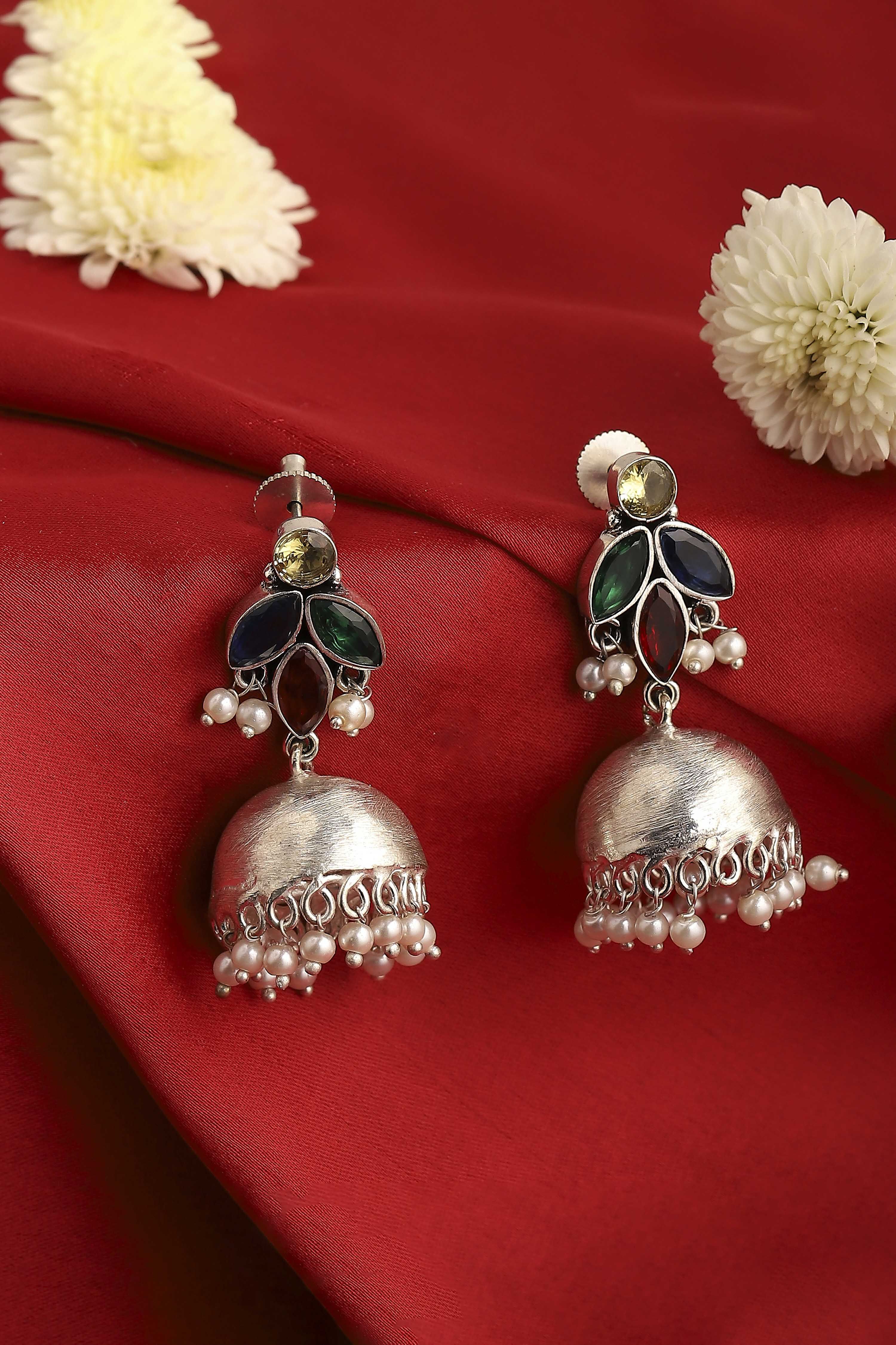 Multicoloured Oxidised Brass Studded Jhumkas image number 0