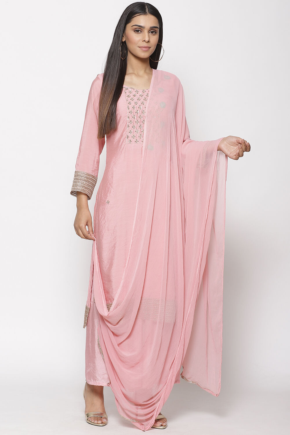 Off White Chanderi Unstitched Suit Set image number 0