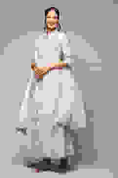 Ivory Cotton Anarkali Kurta Sharara Suit Set image number 5