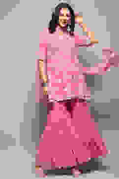 Pink Floral Embroidered A-Line Suit Set image number 0