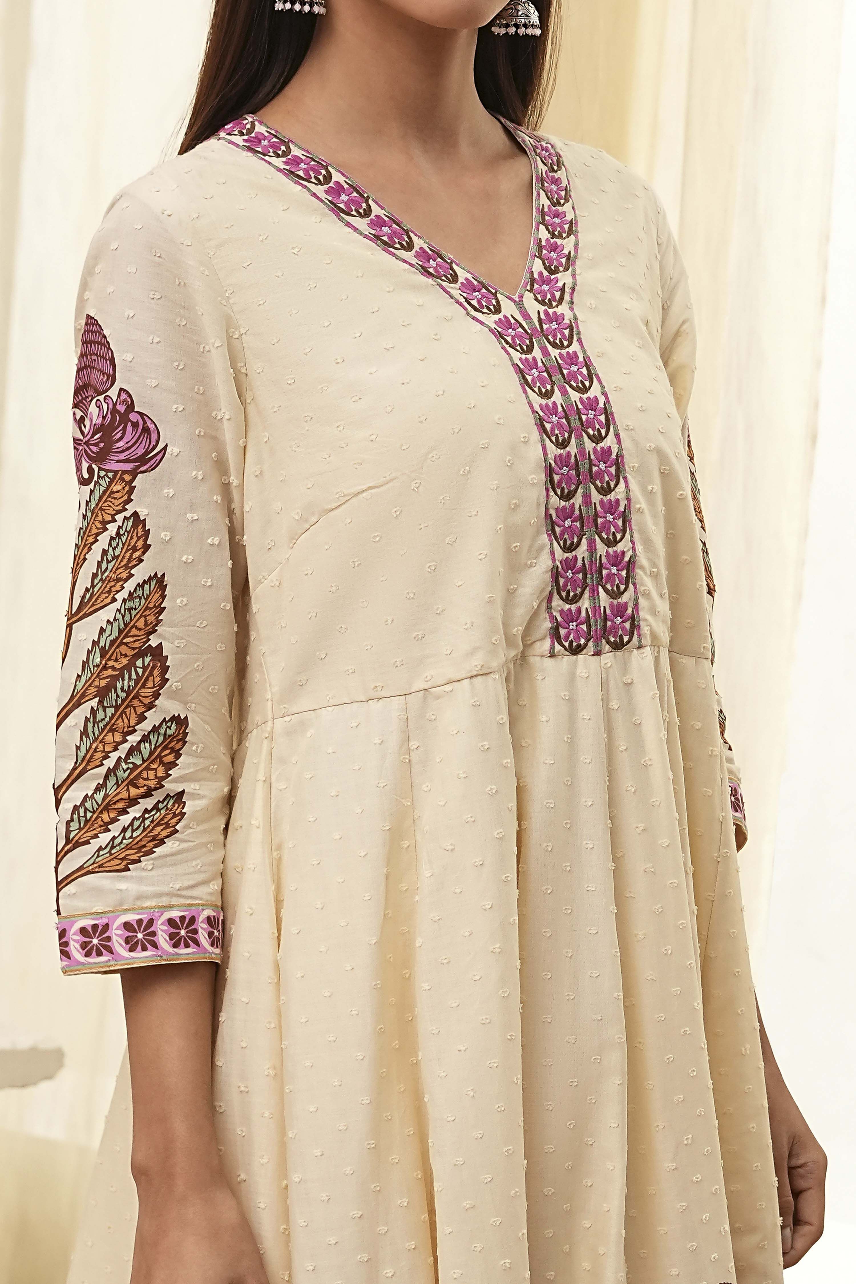 Beige Cotton Printed Anarkali Suit Set image number 1