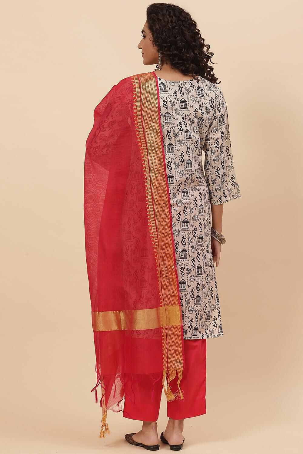 Off White Cotton Handloom Unstitched Suit Set image number 4