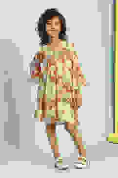 Beige Floral Printed Gathered Flared Dress image number 6