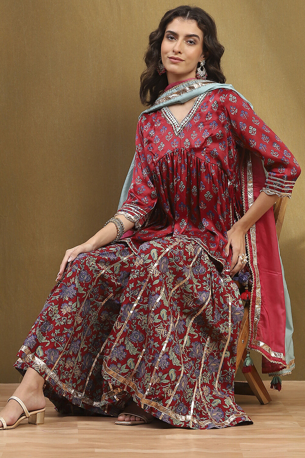 Cherry Red Viscose Blend Floral Peplum Kurta Suit Set image number 0