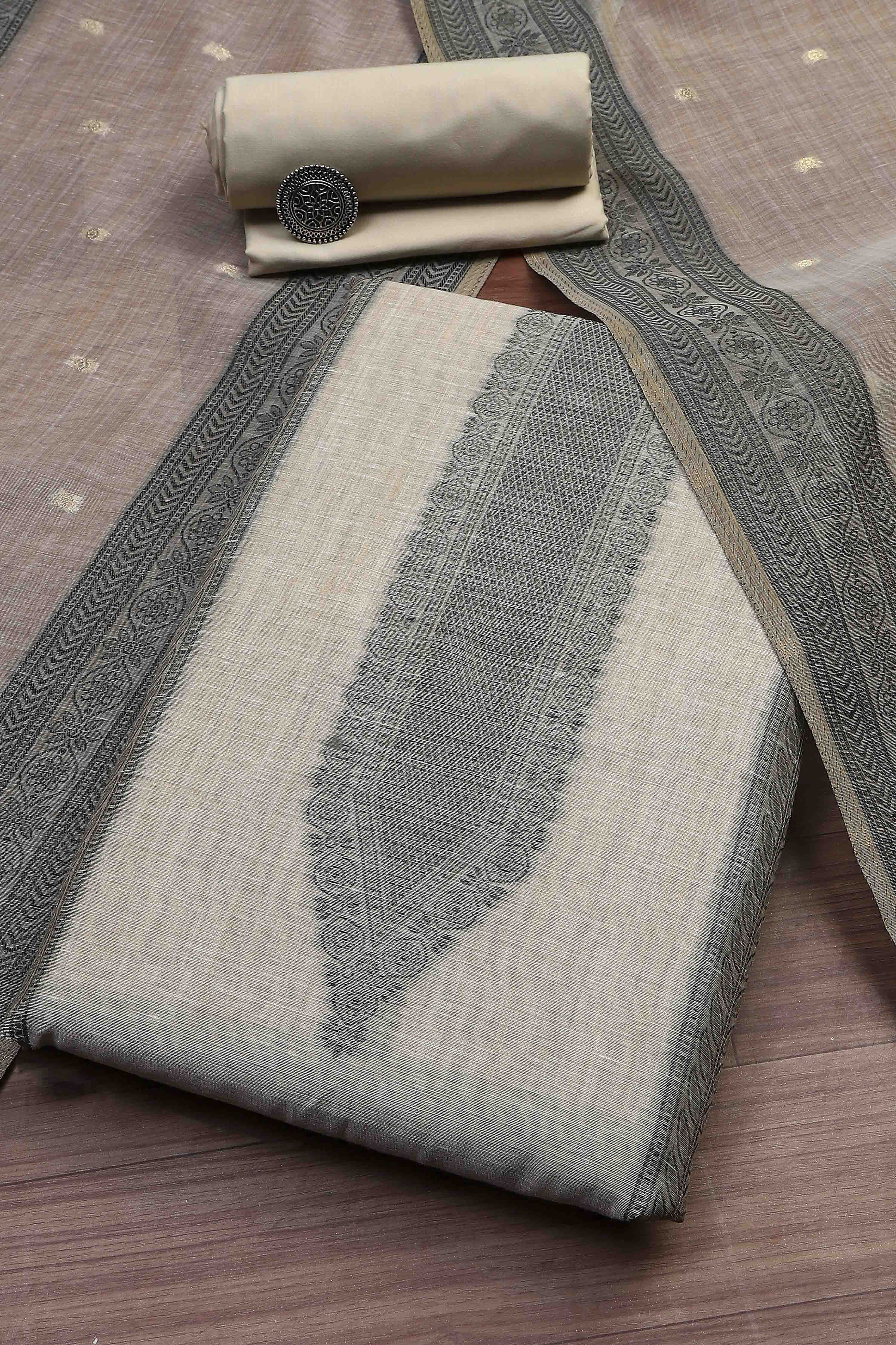 Blue Cotton Royal-Mughal Booti Print Unstitched Suit Set image number 0