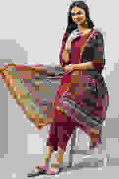 Maroon Cotton Straight Kurta Palazzo Suit Set image number 5